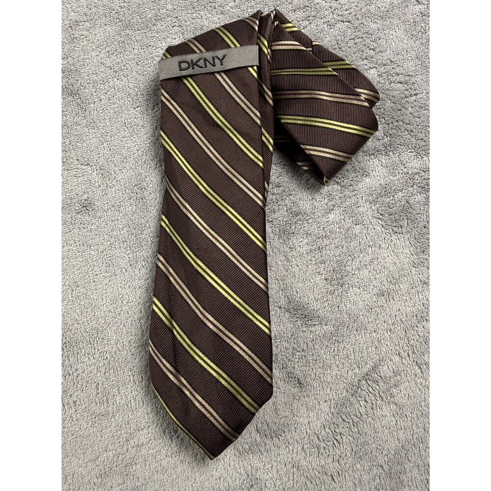 DKNY Mens Silk Necktie Brown Green Tan Diagonal Striped‎ Classic Business Tie